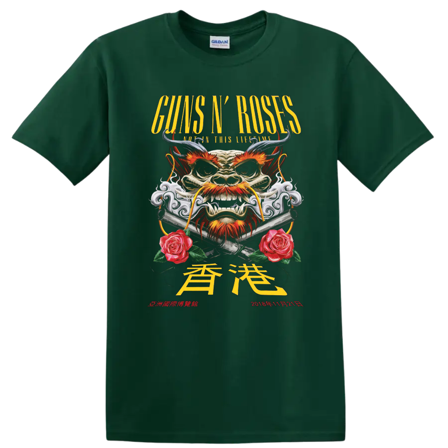 Guns N' Roses Hong Kong 2018 horned dragon, crossed pistols, smoke and roses graphic on a Forest Green T Shirt
