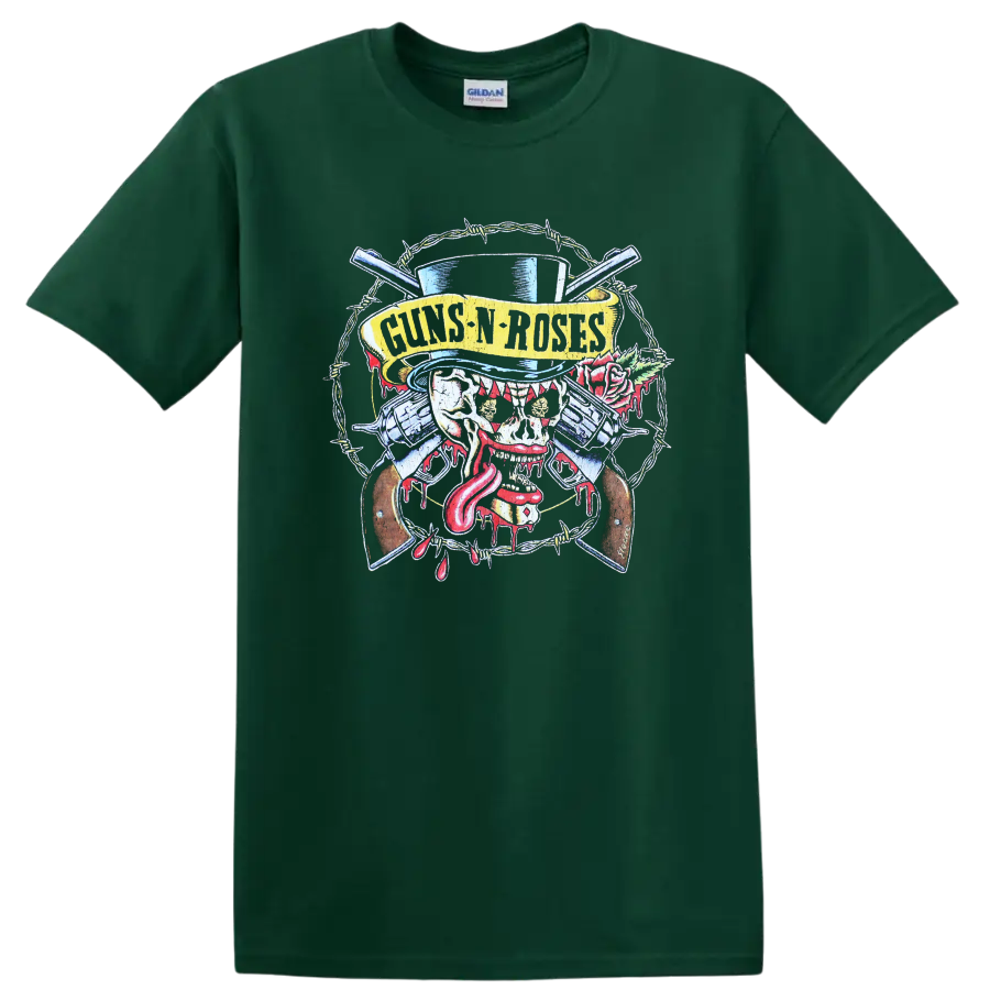 Guns N Roses distressed skull, crossed guns, barbed wire, rose, and top hat rock artwork on a Forest Green T Shirt
