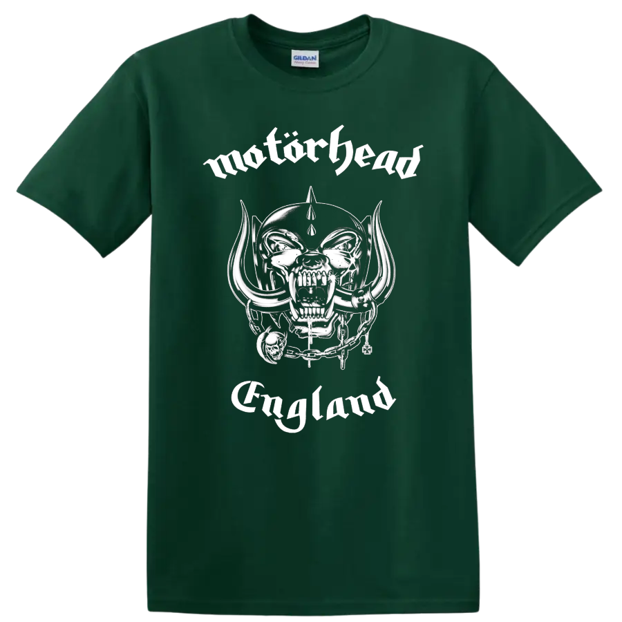 Motörhead Snaggletooth Warpig skull with tusks, chain, helmet, and England lettering on a Forest Green T Shirt