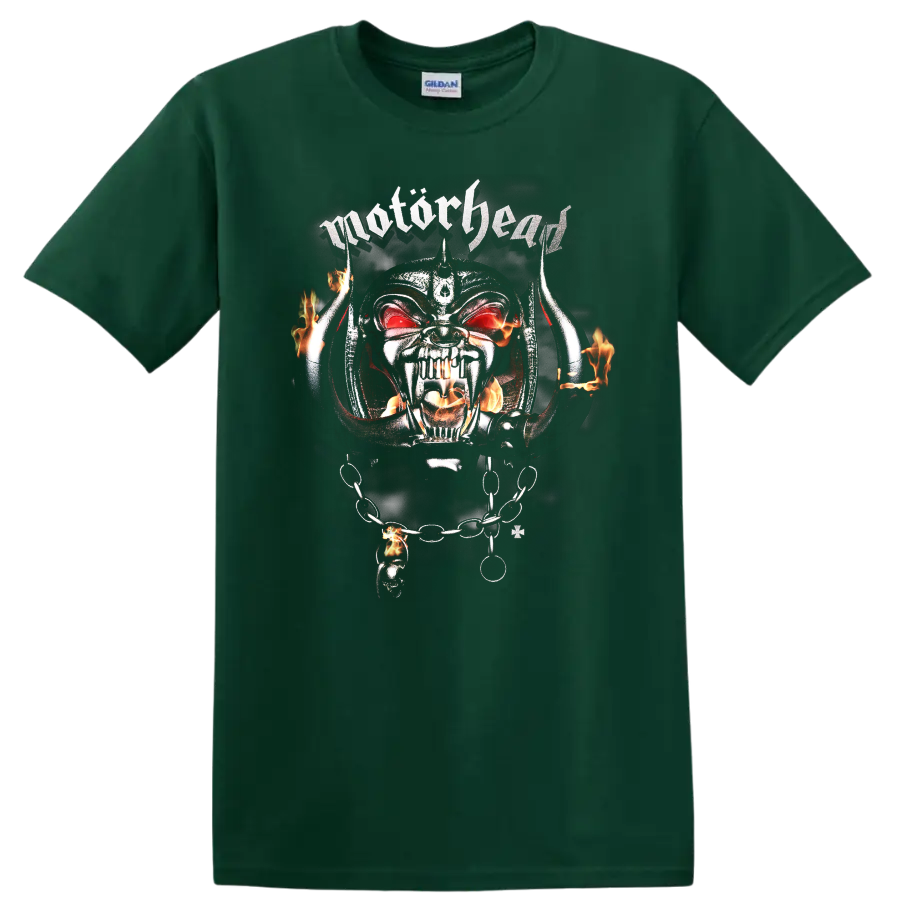 Motörhead Snaggletooth Warpig skull with flames, horns, chains, and red eyes on a Forest Green T Shirt