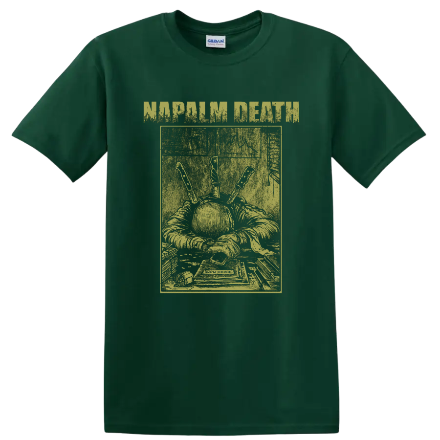 Napalm Death distressed grindcore artwork with grim figure, book, and knife-like tools on a Forest Green T Shirt