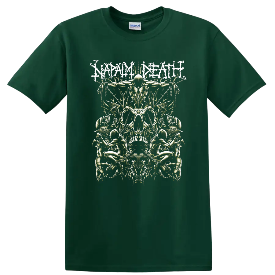 Napalm Death distressed logo above mirrored skeletal horror artwork with skulls and chains on a Forest Green T Shirt