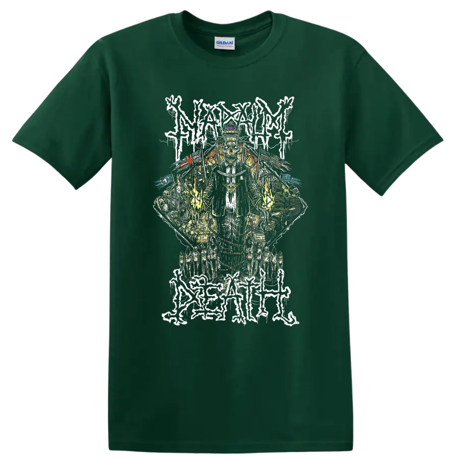 Napalm Death Scum skull figure with lightning and distressed metal linework on a Forest Green T Shirt
