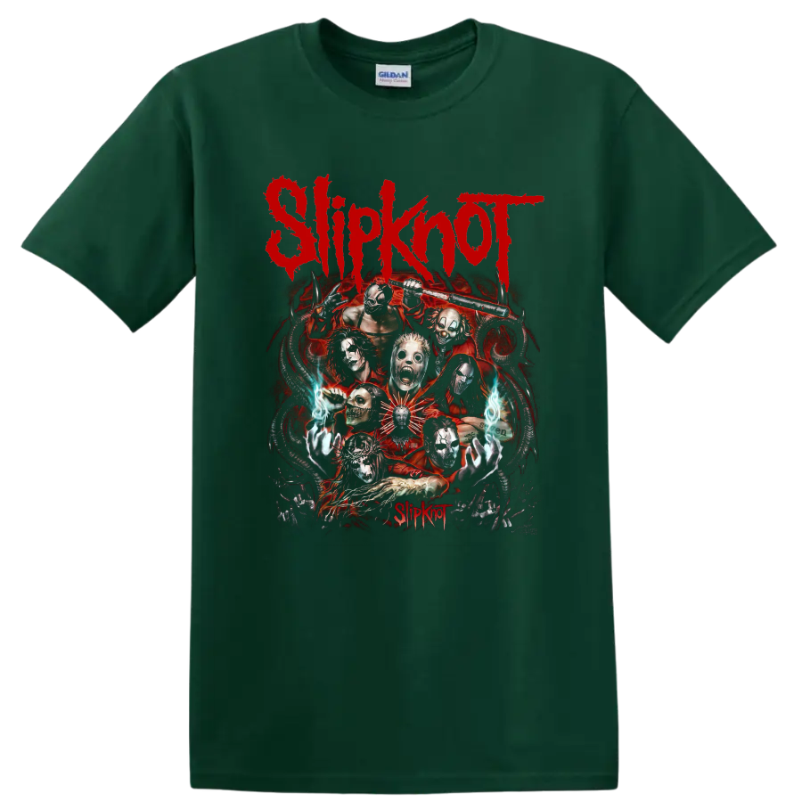 Slipknot masked band horror collage with red logo, flames, and eerie blue hands on a Forest Green T Shirt
