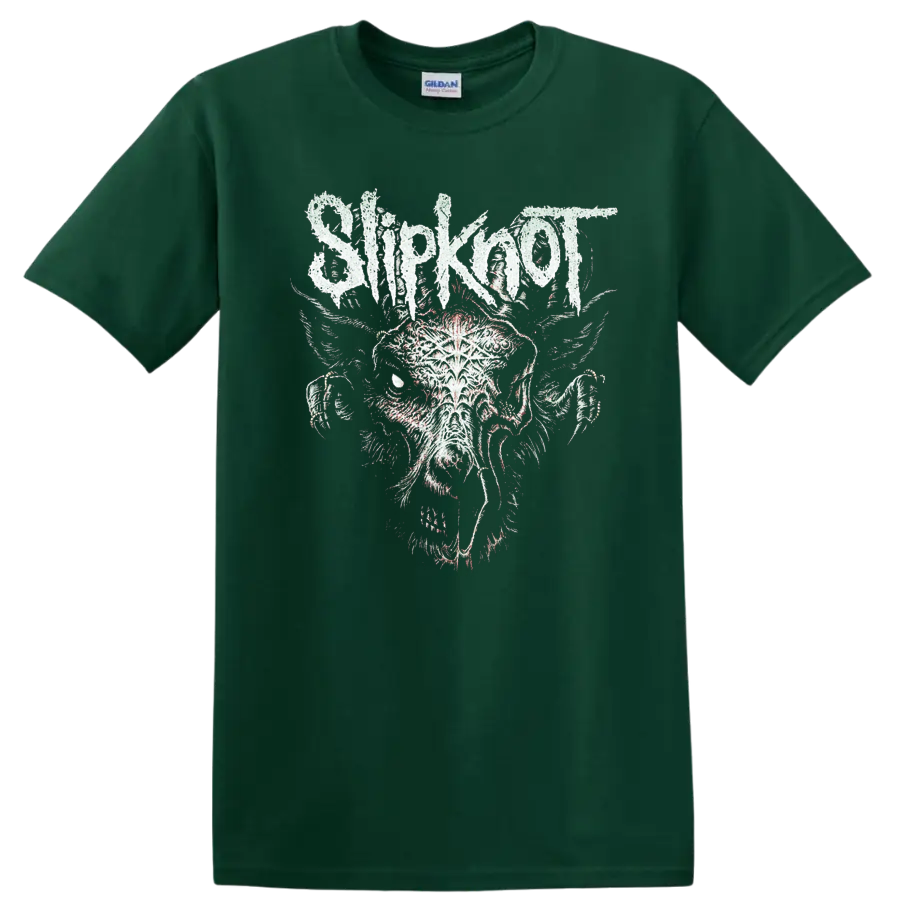 Distressed Slipknot wordmark above a snarling rotting goat illustration on a Forest Green T Shirt