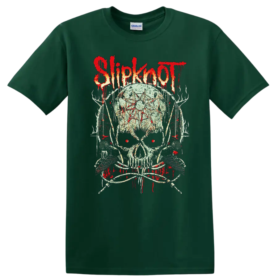Slipknot skull graphic with red eyes, forehead symbol, dripping red flames, and dark on a Forest Green T Shirt