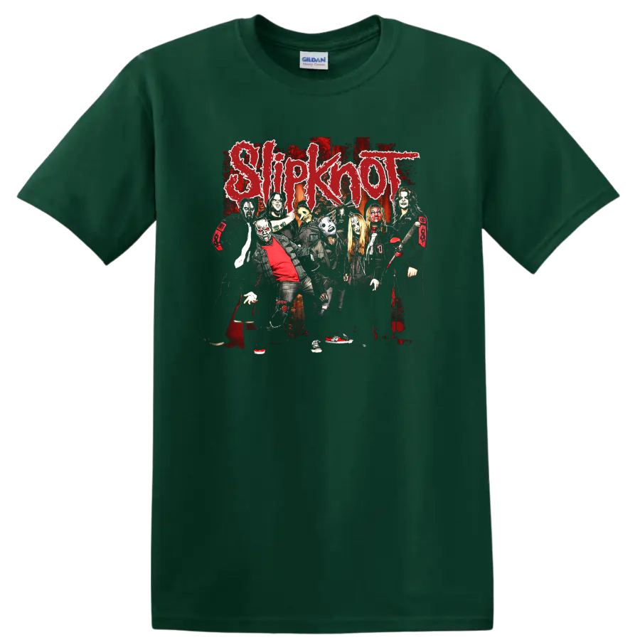 Slipknot masked band photo collage with distressed red logo and dark rock artwork on a Forest Green T Shirt