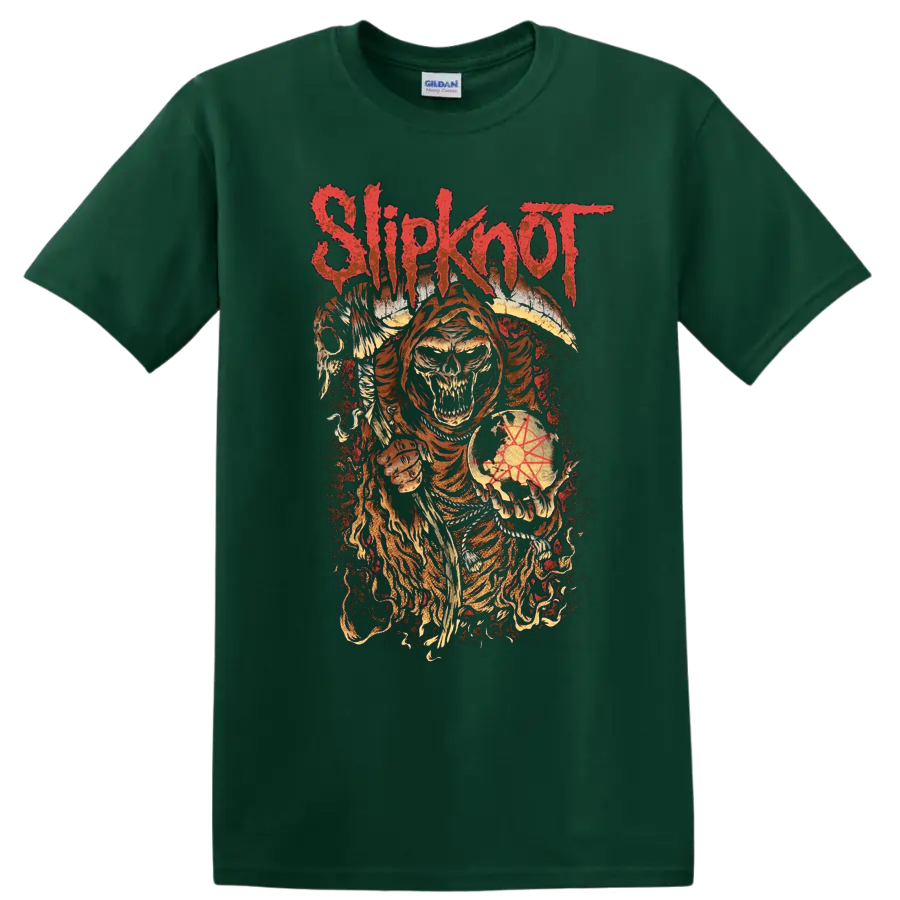 Slipknot distressed hooded skull with winged horror art and symbolic globe on a Forest Green T Shirt