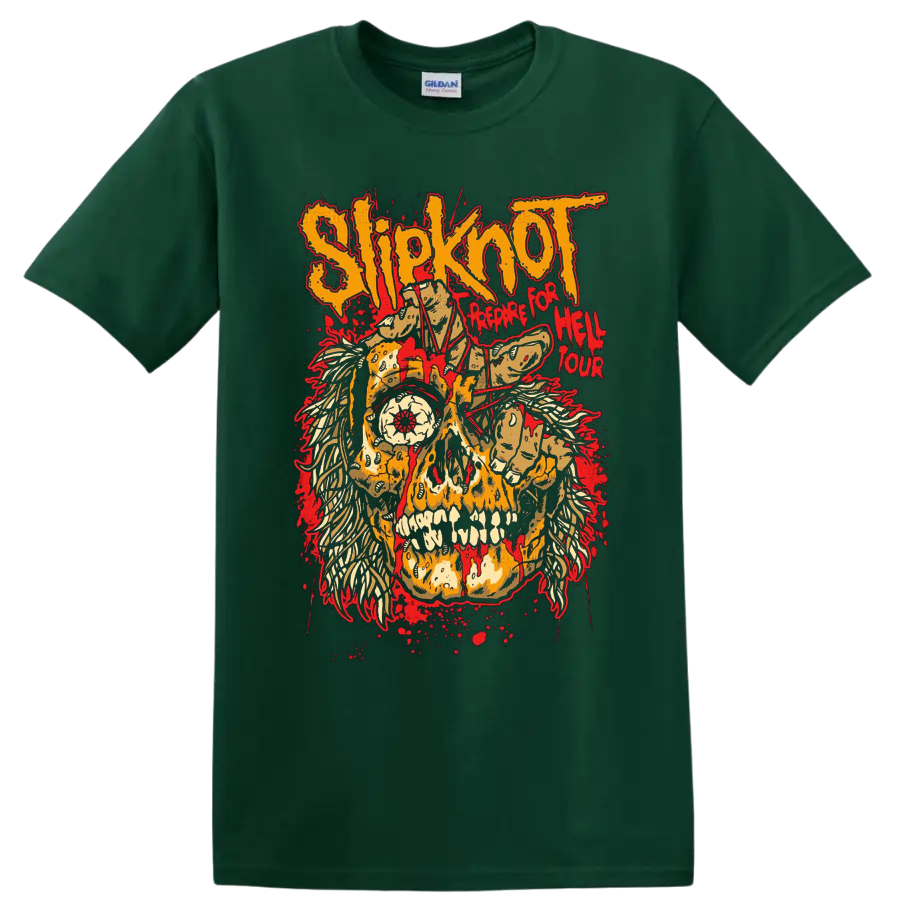 Slipknot Prepare for Hell Tour distressed skull, flames, skeletal hands, and red splatter on a Forest Green T Shirt
