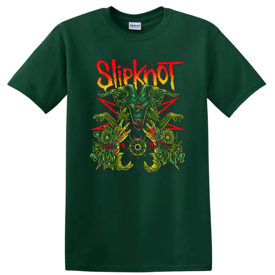 Slipknot Prepare for Hell Tour horned goat skull with occult-style grunge artwork on a Forest Green T Shirt