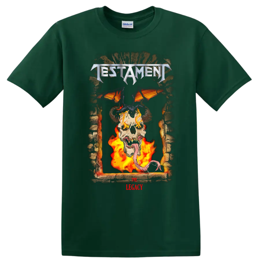 Testament The Legacy horned skull, bat wings, demon silhouette, and flames metal artwork on a Forest Green T Shirt