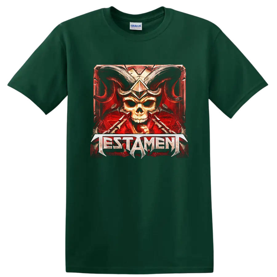 Testament horned skull heavy metal graphic with red armored border on a Forest Green T Shirt