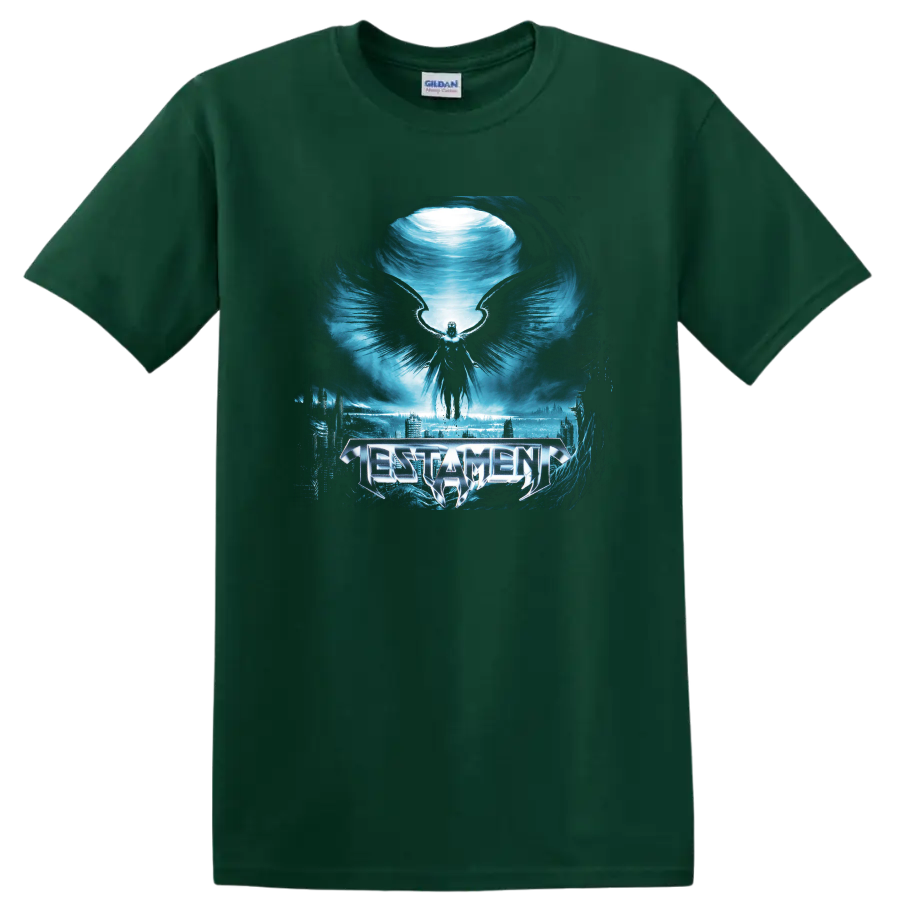 Testament logo with winged figure over icy blue dark fantasy cityscape on a Forest Green T Shirt