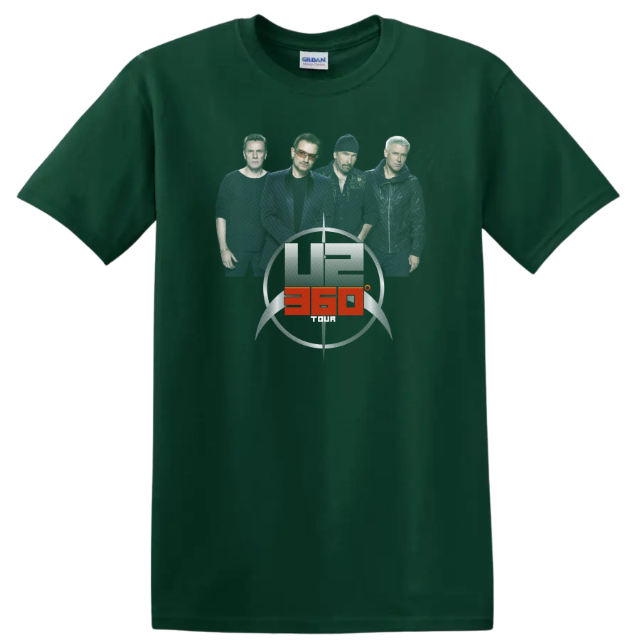 U2 360° Tour band portrait with circular stadium emblem and red accent on a Forest Green T Shirt