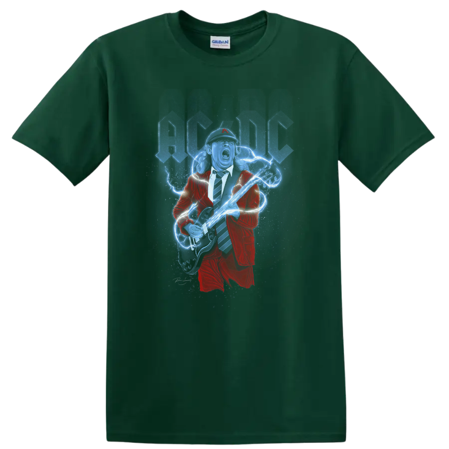 Angus Young AC/DC guitarist in red suit with electric guitar and blue lightning on a Forest Green T Shirt
