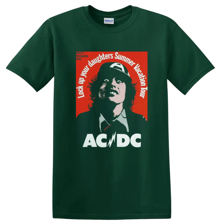 Angus Young portrait with AC/DC Lock Up Your Daughters Summer Vacation Tour text on a Forest Green T Shirt