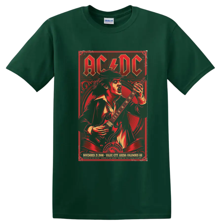 AC/DC Black Ice World Tour poster art with Angus Young playing electric guitar on a Forest Green T Shirt