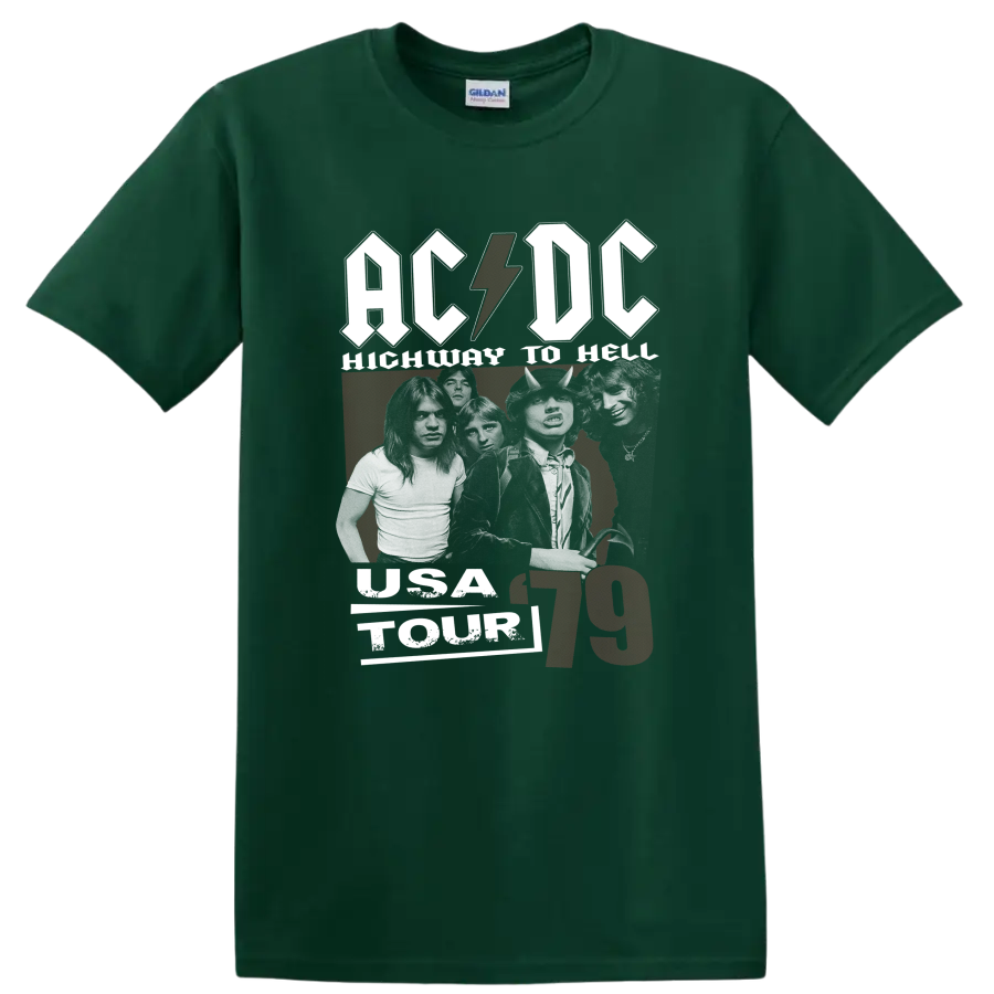 AC/DC Highway to Hell 1979 graphic with Bon Scott, Angus Young, and lightning bolt on a Forest Green T Shirt