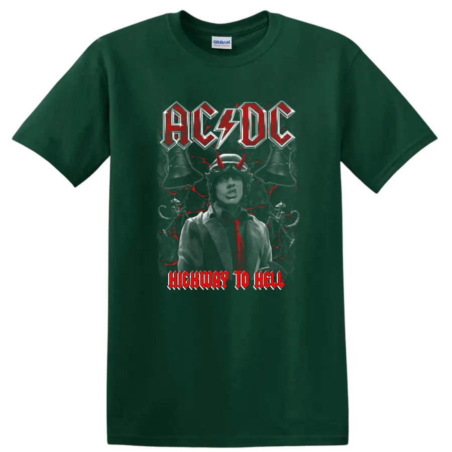 AC/DC Highway to Hell Angus Young portrait with devil horns and distressed rock art on a Forest Green T Shirt