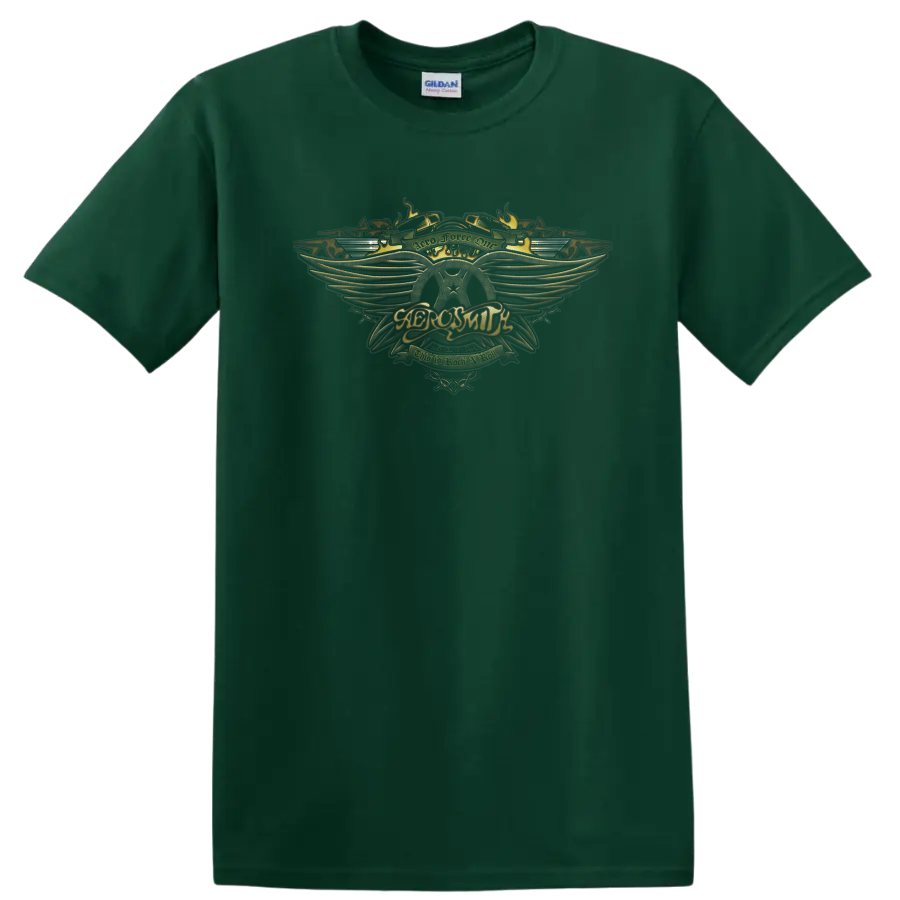 Aerosmith Aero Force One winged crest in ornate vintage rock style on a Forest Green T Shirt