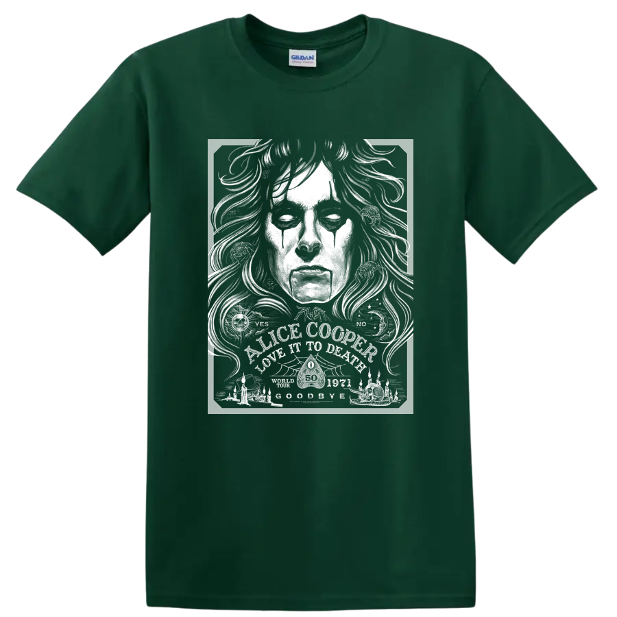 Alice Cooper high-contrast black and white rock portrait graphic on a Forest Green T Shirt