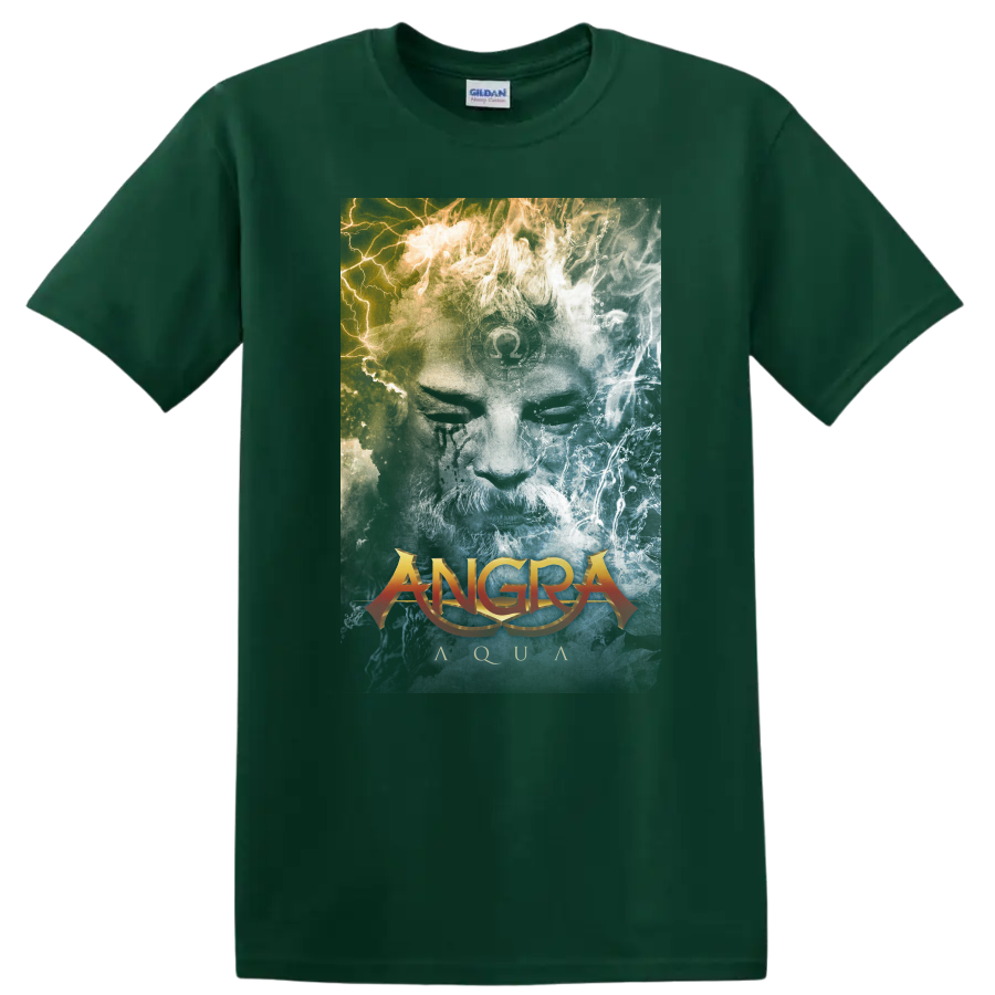 Angra Aqua album art with blue water textures, gold light, and orange logo on a Forest Green T Shirt