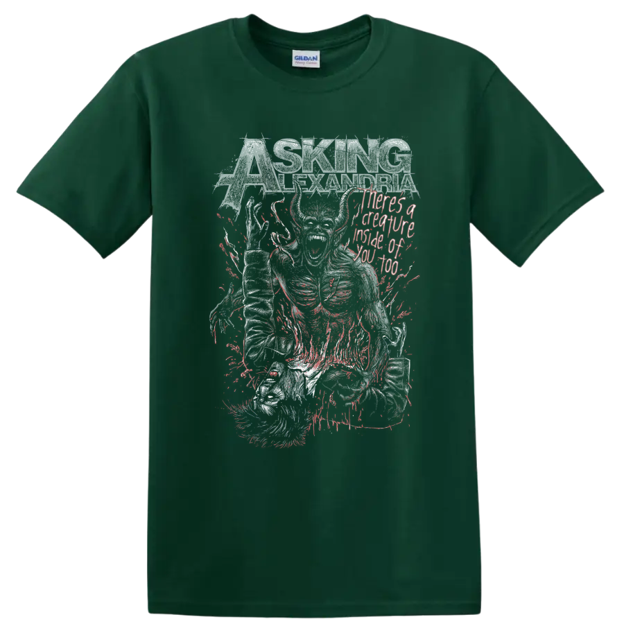 Asking Alexandria Creature distressed metal graphic with skeletal figure on a Forest Green T Shirt