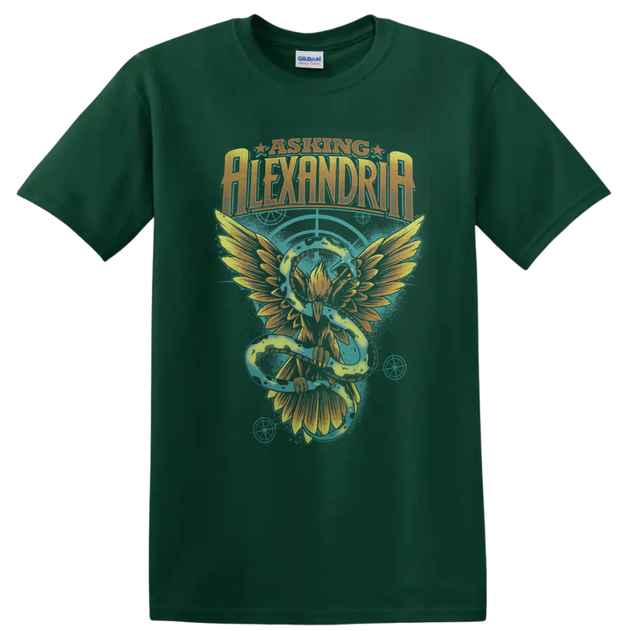 Asking Alexandria distressed logo with winged phoenix and electric blue energy artwork on a Forest Green T Shirt