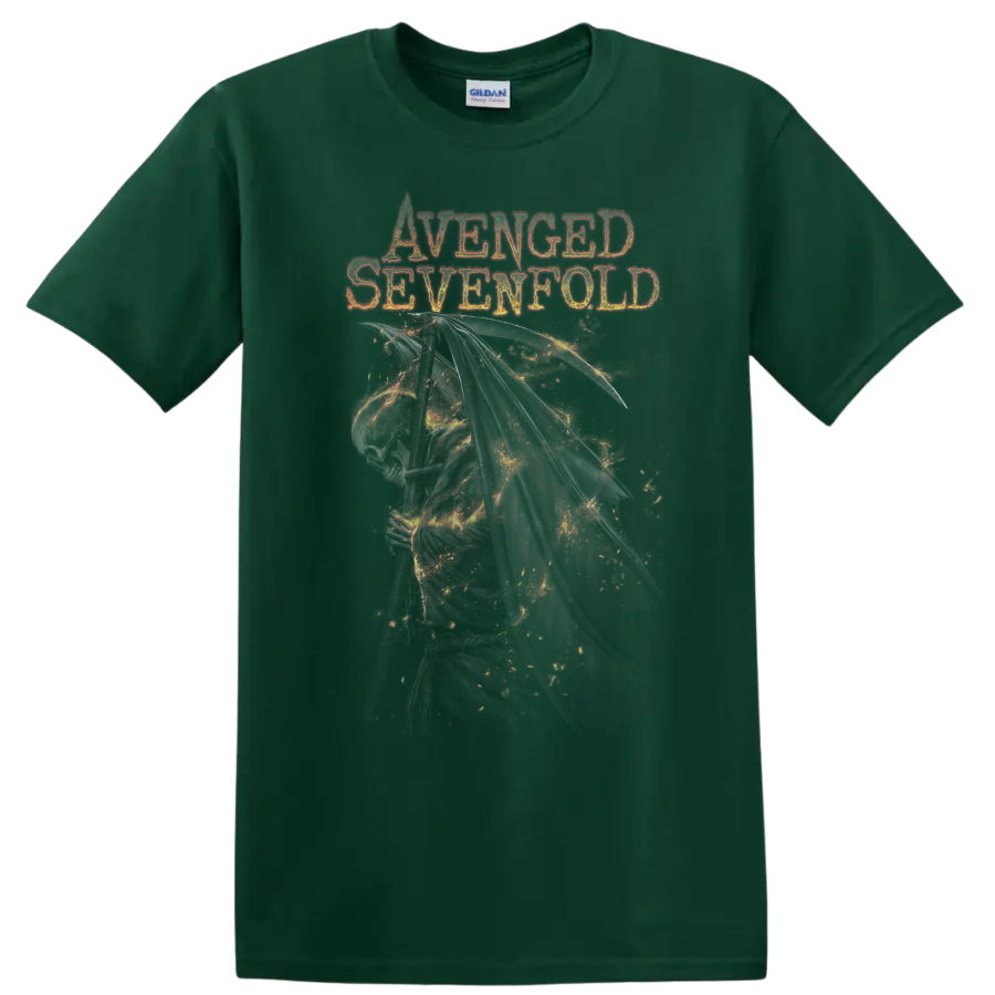 Avenged Sevenfold distressed lettering above a detailed winged Deathbat skull graphic on a Forest Green T Shirt