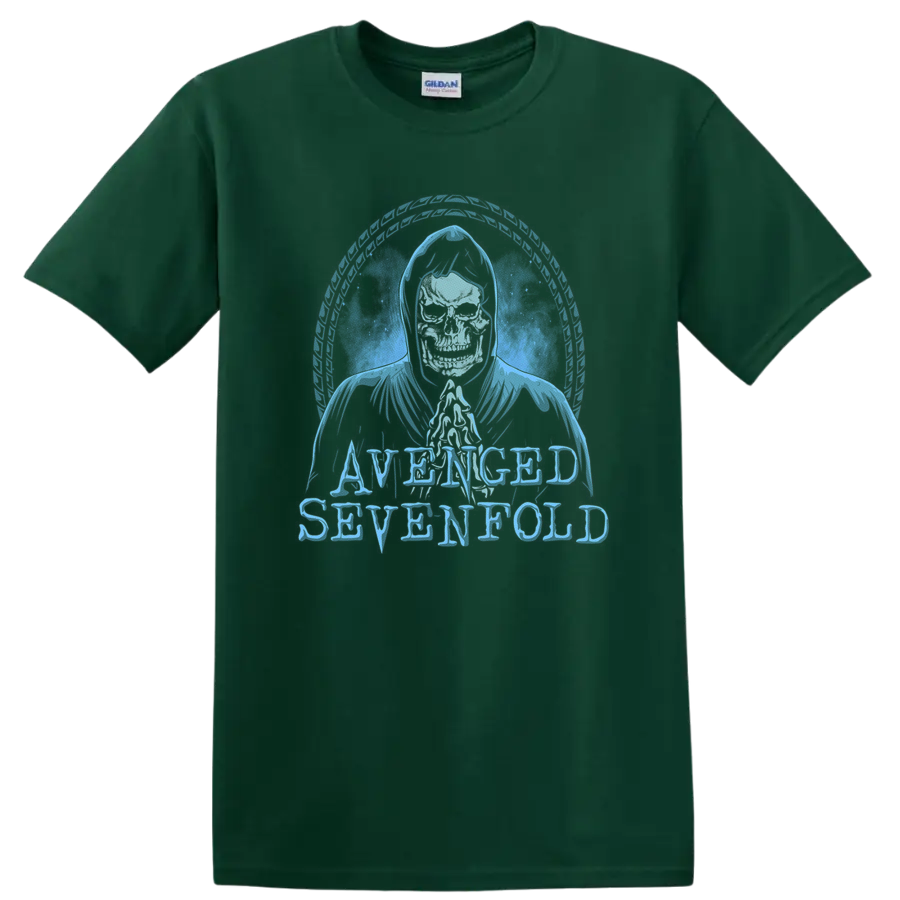 Avenged Sevenfold hooded skeleton with circular feather frame and distressed lettering on a Forest Green T Shirt