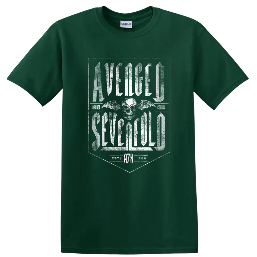 Avenged Sevenfold distressed lettering with winged skull emblem on a Forest Green T Shirt