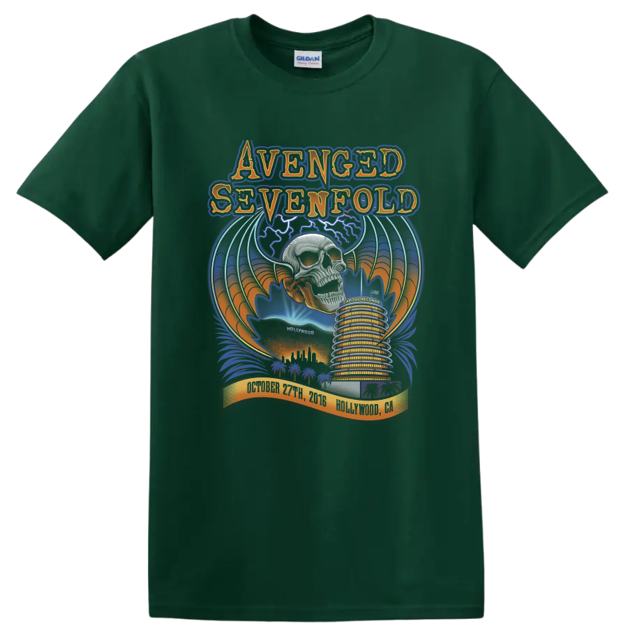 Avenged Sevenfold Deathbat skull and wings over a colorful Hollywood concert poster scene on a Forest Green T Shirt