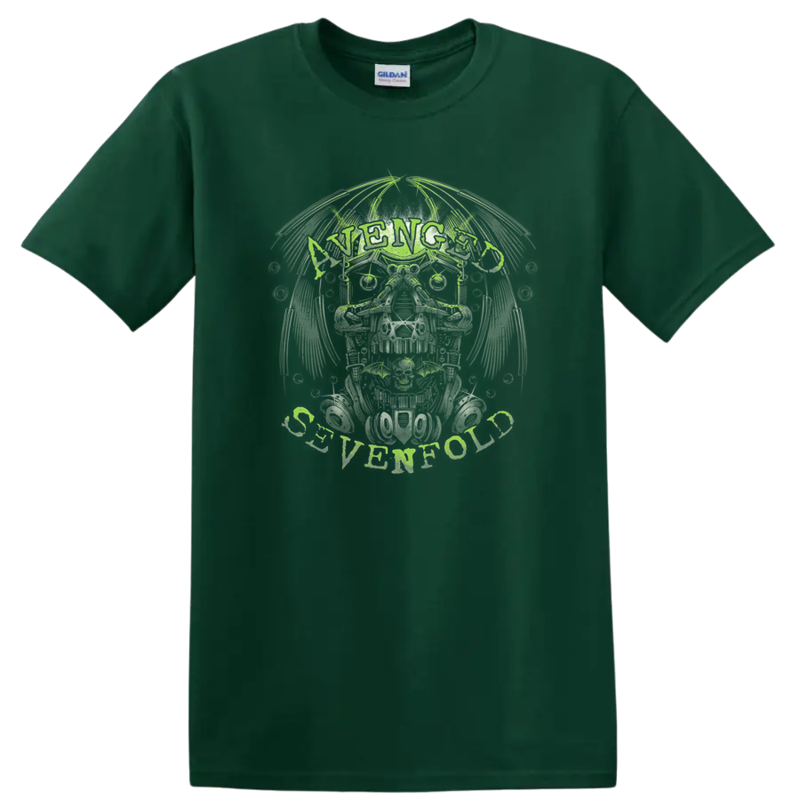 Avenged Sevenfold Deathbat skull with wings in distressed rock-metal illustration on a Forest Green T Shirt