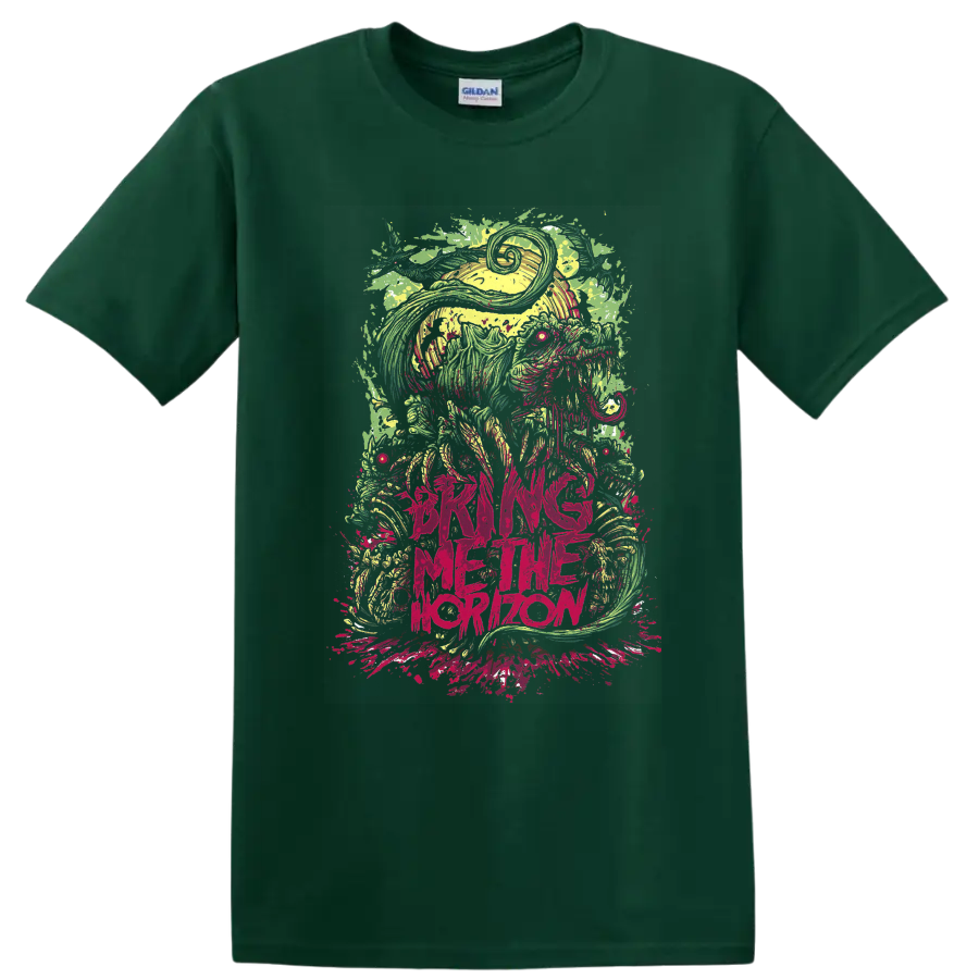 Bring Me the Horizon psychedelic creature artwork with neon splatters and distressed text on a Forest Green T Shirt