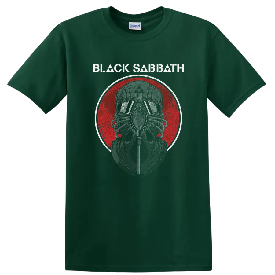 Black Sabbath helmeted skull graphic with goggles and distressed red circle on a Forest Green T Shirt