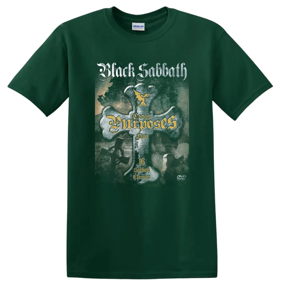 Black Sabbath Cross Purposes Live gothic cross with winged figure and distressed lettering on a Forest Green T Shirt
