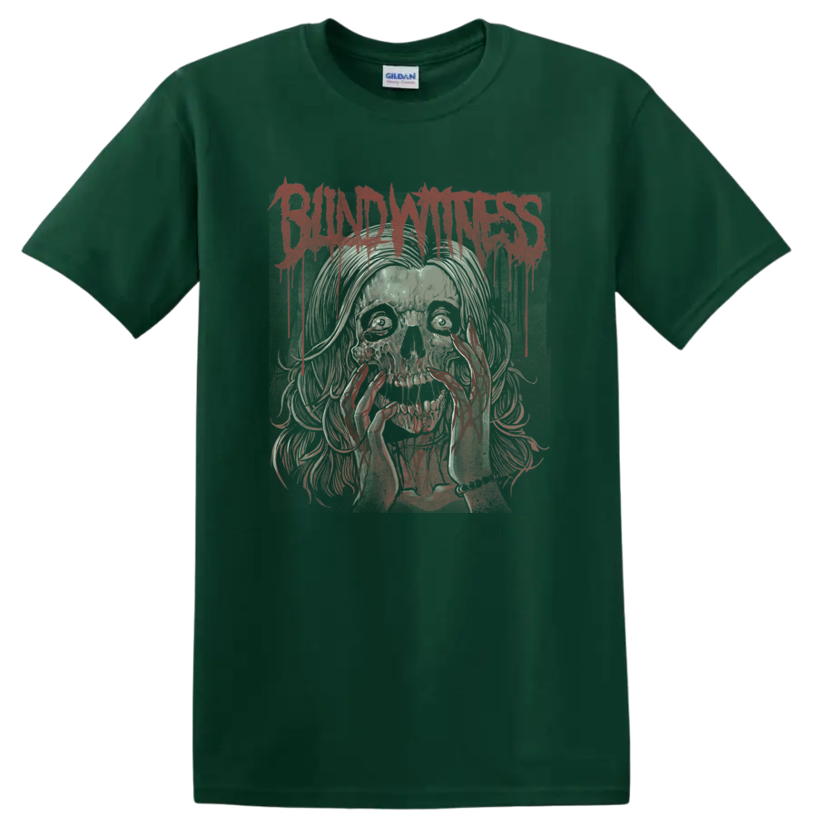 Blind Witness dripping red logo above a distressed skull horror illustration on a Forest Green T Shirt