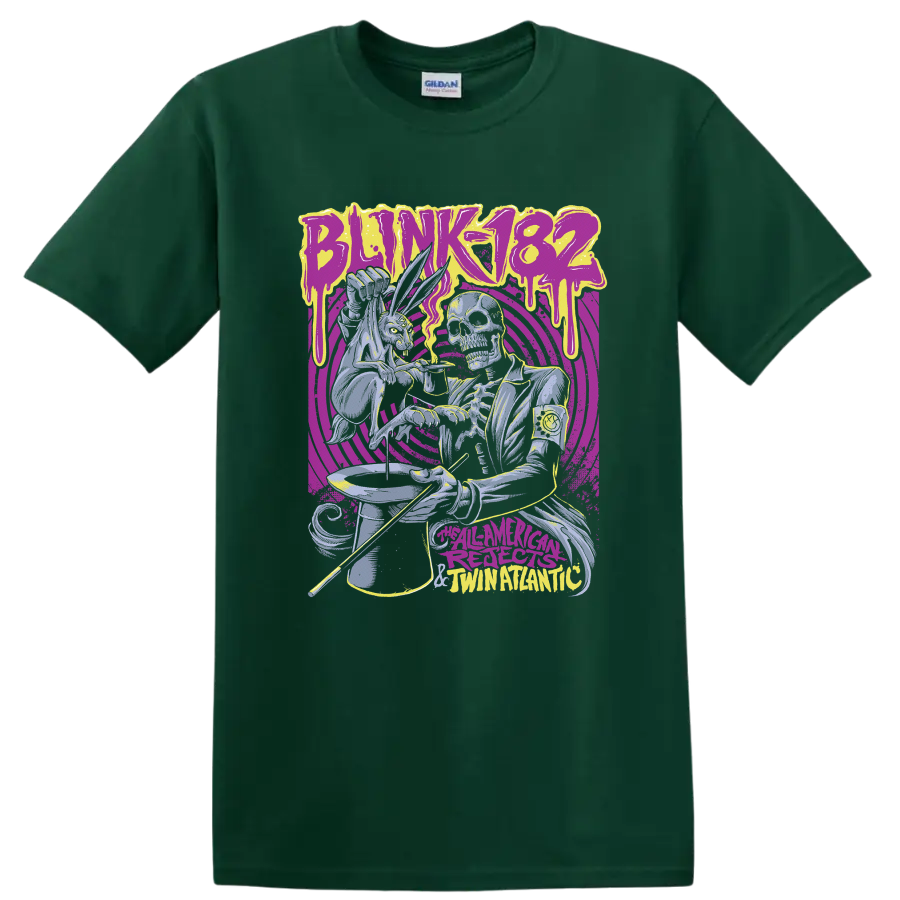 Blink-182 inspired skeleton punk graphic with neon dripping lettering and spiral rings on a Forest Green T Shirt