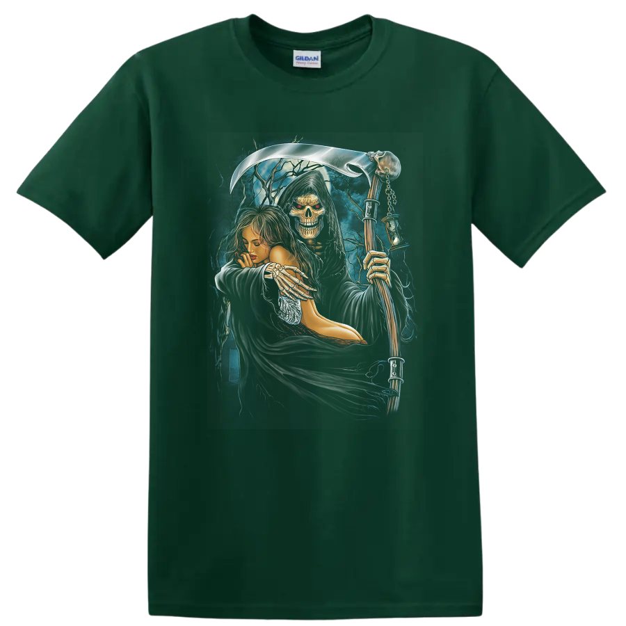 Hekate-inspired gothic skeleton reaper and goddess with scythe and lightning on a Forest Green T Shirt