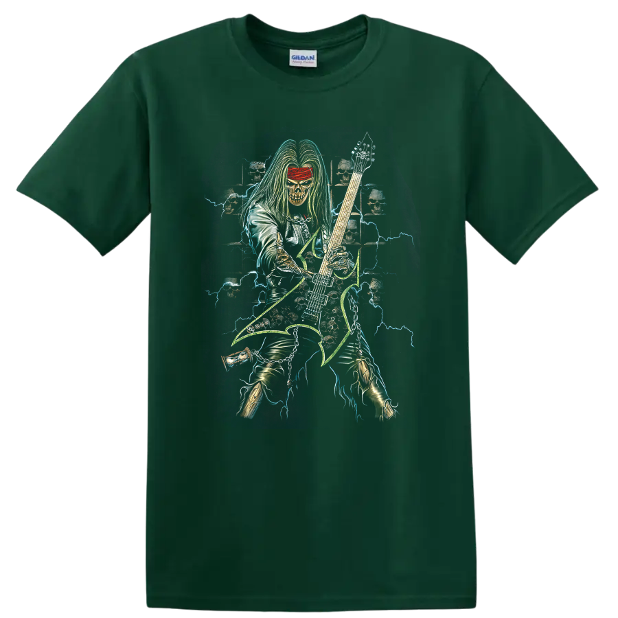 Neon skull-faced guitarist with lightning, skulls, and electric guitar metal artwork on a Forest Green T Shirt