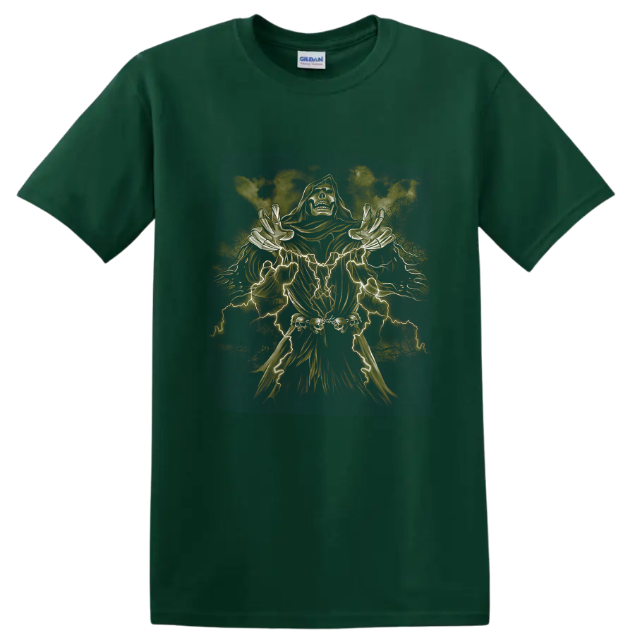 Neon skeletal reaper in a hooded robe with lightning, skulls, and dark fantasy metal art on a Forest Green T Shirt