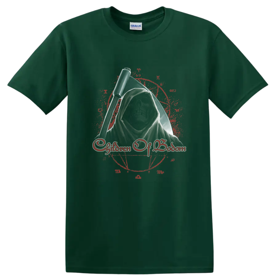 Children of Bodom hooded grim reaper with scythe and distressed gothic emblem on a Forest Green T Shirt