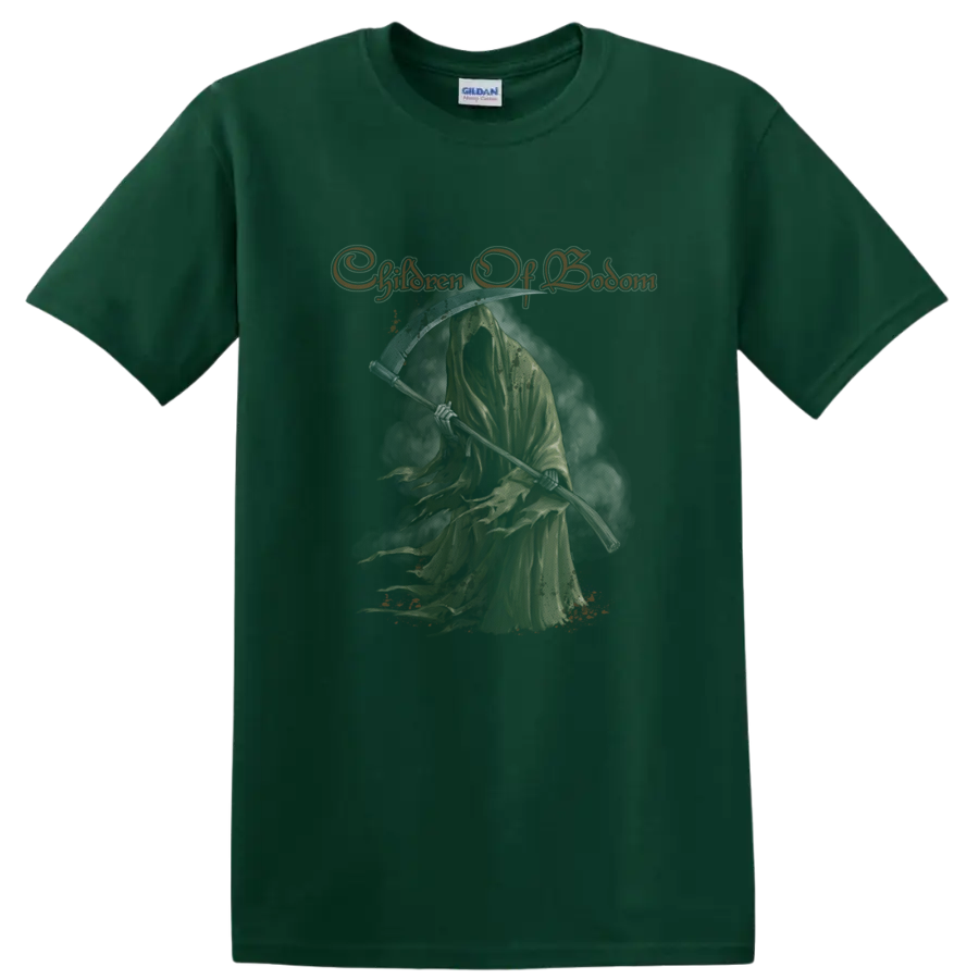 Children of Bodom Roy Grim Reaper with scythe and distressed orange script on a Forest Green T Shirt