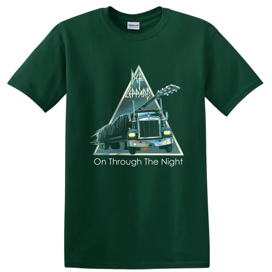 Def Leppard On Through the Night neon tour truck and guitar triangle graphic on a Forest Green T Shirt