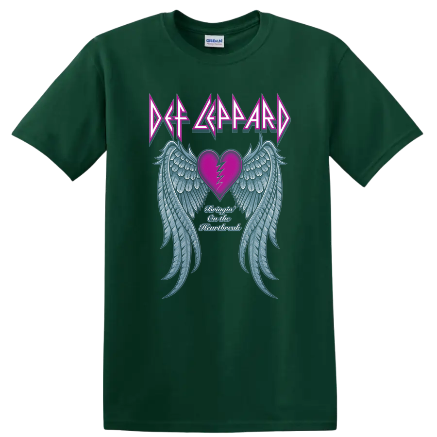 Def Leppard logo over cracked pink heart, blue angel wings, and Heartbreak script on a Forest Green T Shirt