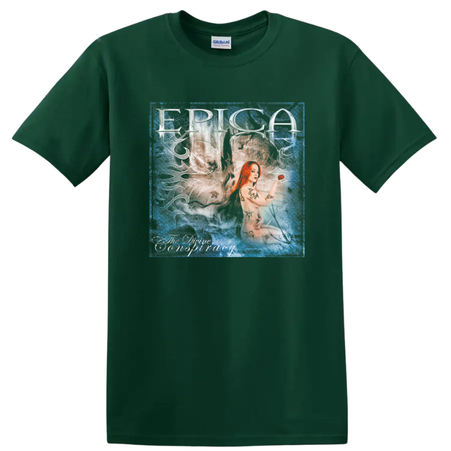 Epica The Phantom Agony Simone Simons portrait in a distressed blue collage style on a Forest Green T Shirt