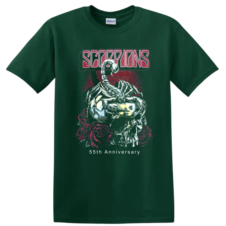 Scorpions logo above skeleton, roses, and neon pink distressed rock artwork on a Forest Green T Shirt