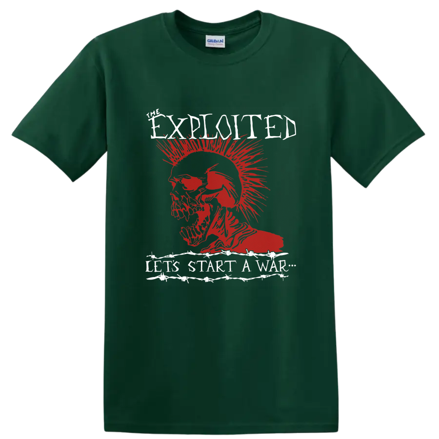 The Exploited Let’s Start a War red mohawk skull punk graphic on a Forest Green T Shirt