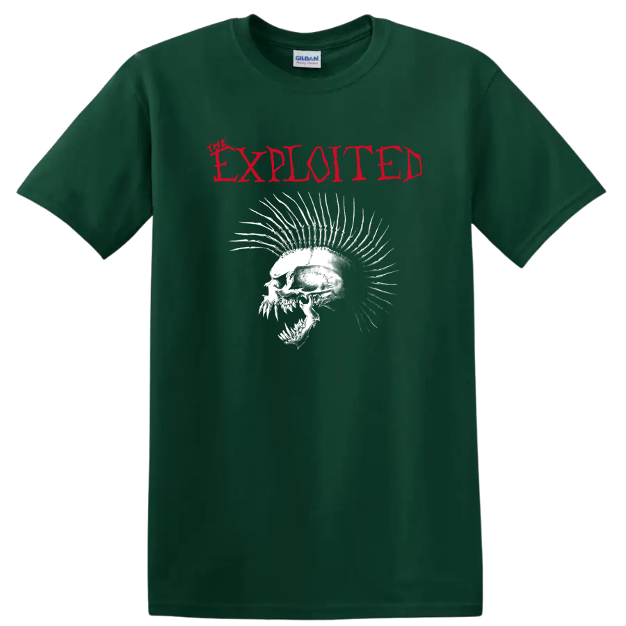 The Exploited distressed red logo above a white spiked skull punk graphic on a Forest Green T Shirt