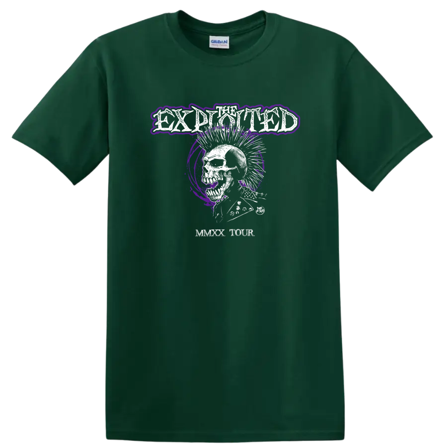 The Exploited distressed skull graphic with purple splatter punk rock artwork on a Forest Green T Shirt